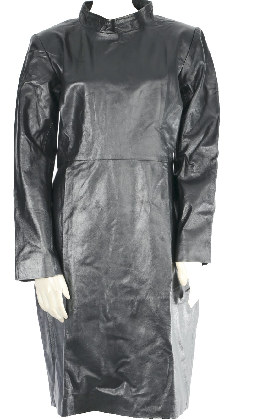 Vintage Black Genuine Leather Mock Neck Long Sleeve Sheath Midi Dress Size M